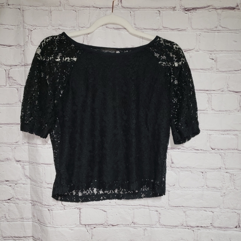 Topshop Black Lace Cropped Sleeve Top